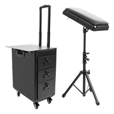 3 in 1 Tattoo Travel Case, Rolling Makeup Train Case with Tattoo Armrest Stand, Portable Beauty Trolley Case with 3 Drawers, 4 Universal Wheels and Combination Lock for Hairstylists, MUA, Nail Techs