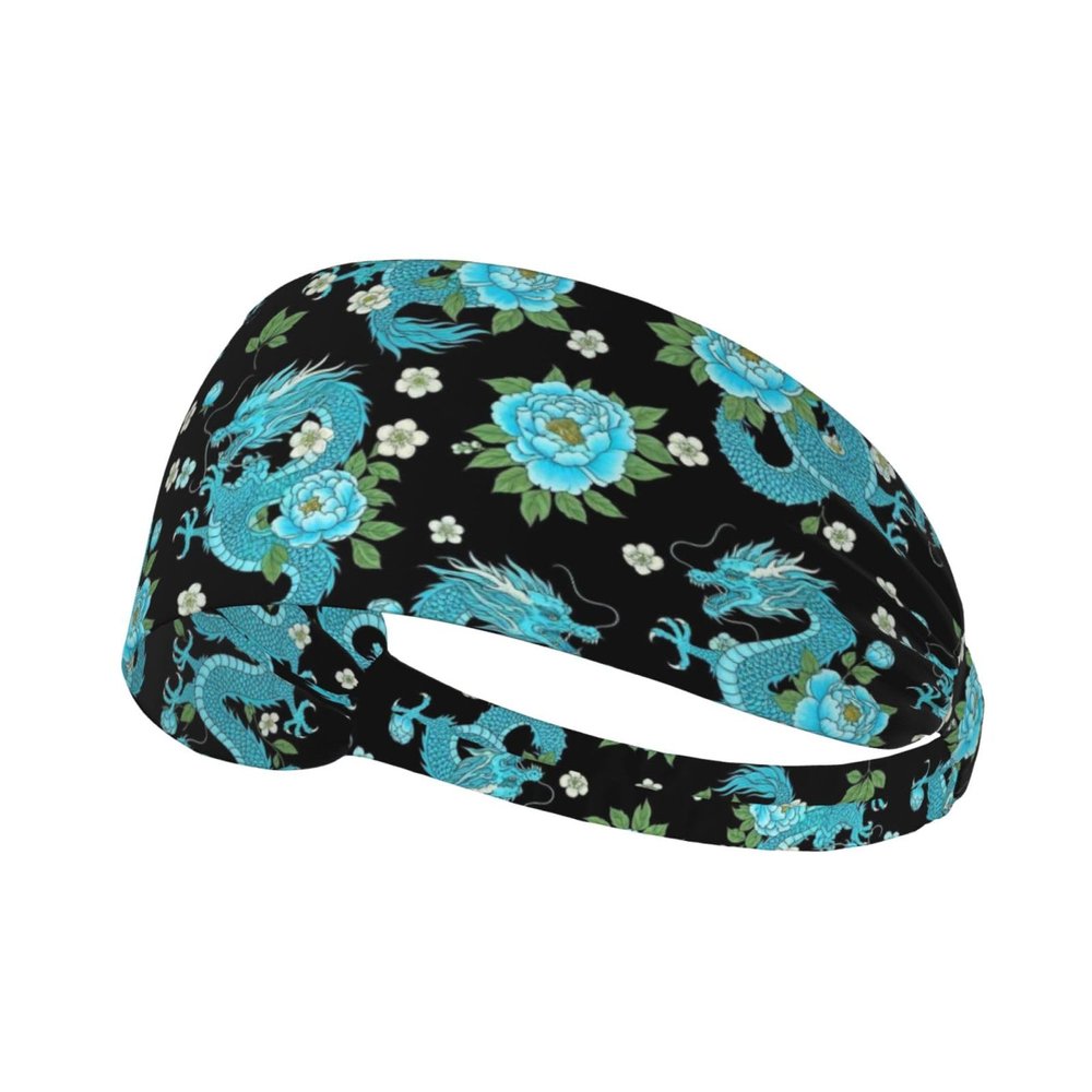 Headbands Head Bands Sweat Band Hair Wrap Headwrap Fashion Workout Yoga Elastic Headbands Running Sports Headband Sweatbands for Women and Men (light blue flowers cool dragons floral)