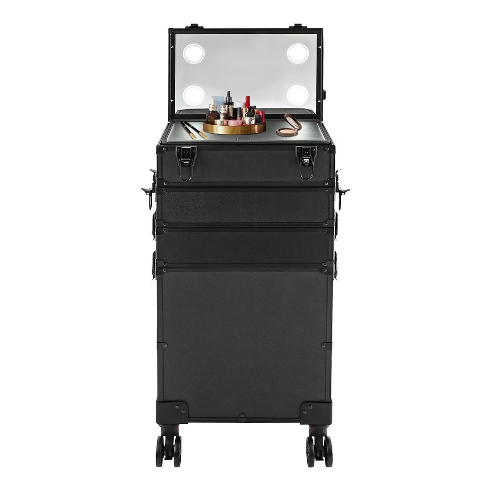 BFDIEEM 5-Tier Makeup Rolling Train Case Large Storage Cosmetic Trolley,LED Professional Cosmetic Organizer Box with Detachable Wheels 14.76*9.65*26.38in, Salon Barber Case Traveling Cart Trunk, Black