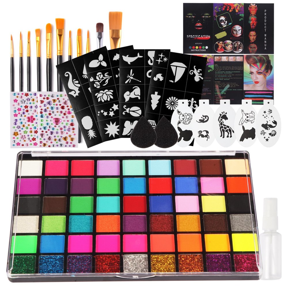 Face Painting Kit for Kids with Book,Stencils,Brushes,Non Toxic Water Activated Face Paint Palette For Halloween,Carnival,Party Costume Makeup Any Creative Activity with Kids(54 Colors)