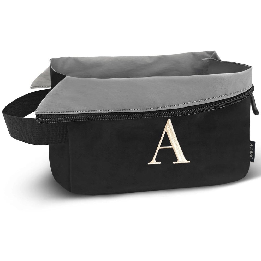A-Z BAG Lightweight Toiletry Bag, Water-Resistant Personalised Makeup Bags with Embroidery Initial, Birthday Gifts for Women (A, Black)