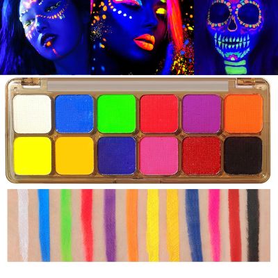 Face Body Paint, Glow in the Dark, 12 Color Face Paint Palette for Halloween Party Cosplay, with 2 Professional Artist Brushes, Water Activated Eyeliner, Washable Non-Toxic Halloween Makeup