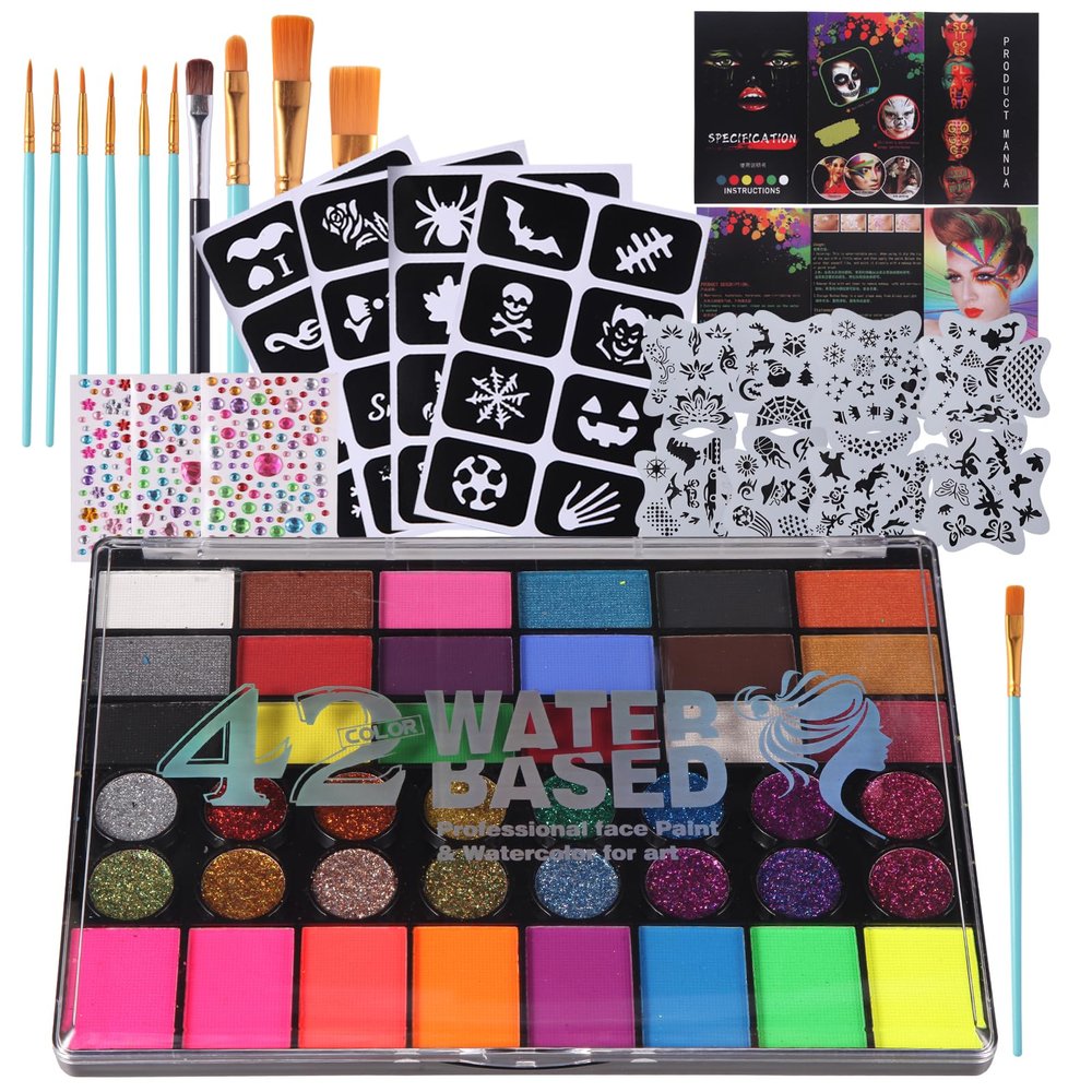 Face Painting Kit for Kids with Book,Stencils,Brushes,Non Toxic Water Activated Face Paint Palette For Halloween,Carnival,Party Costume Makeup Any Creative Activity with Kids (42 Colors)