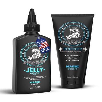 Bossman Fortify Conditioner + Jelly Beard Oil for Men (8 oz in Total, Magic Scent) Softening, Moisturizing, Replenishing, and Protecting Natural Ingredients Made in the USA