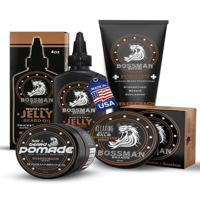 Bossman Essentials Beard Kit for Men + Beard Pomade Bundle (Set of 4, 16 oz in Total) - Oil Jelly, Fortifying Conditioner, Balm, Pomade - Grooming Growth Care Set (Stagecoach)