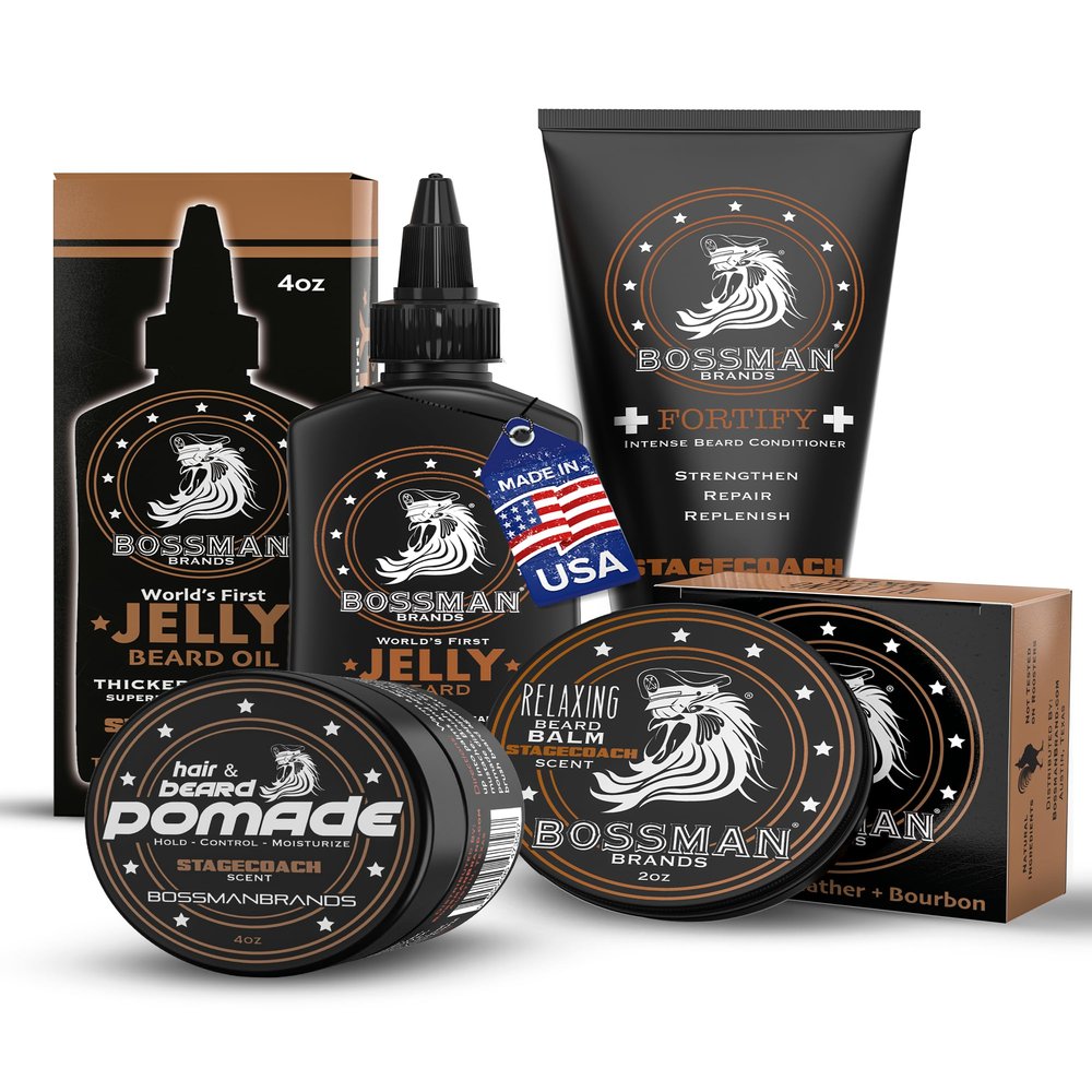 Bossman Essentials Beard Kit for Men + Beard Pomade Bundle (Set of 4, 16 oz in Total) - Oil Jelly, Fortifying Conditioner, Balm, Pomade - Grooming Growth Care Set (Stagecoach)