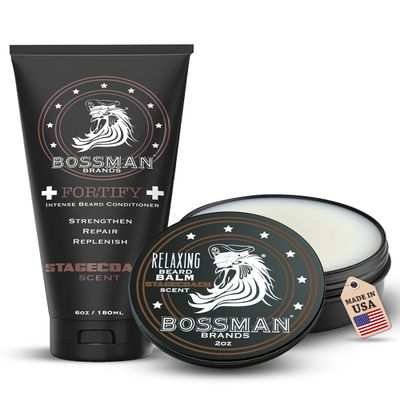 Bossman Fortify Beard Conditioner + Beard Balm for Men (8 oz in Total, Stagecoach Scent)  Moisturizing, Natural Conditioner with Taming and Softening Balm  Made in the USA