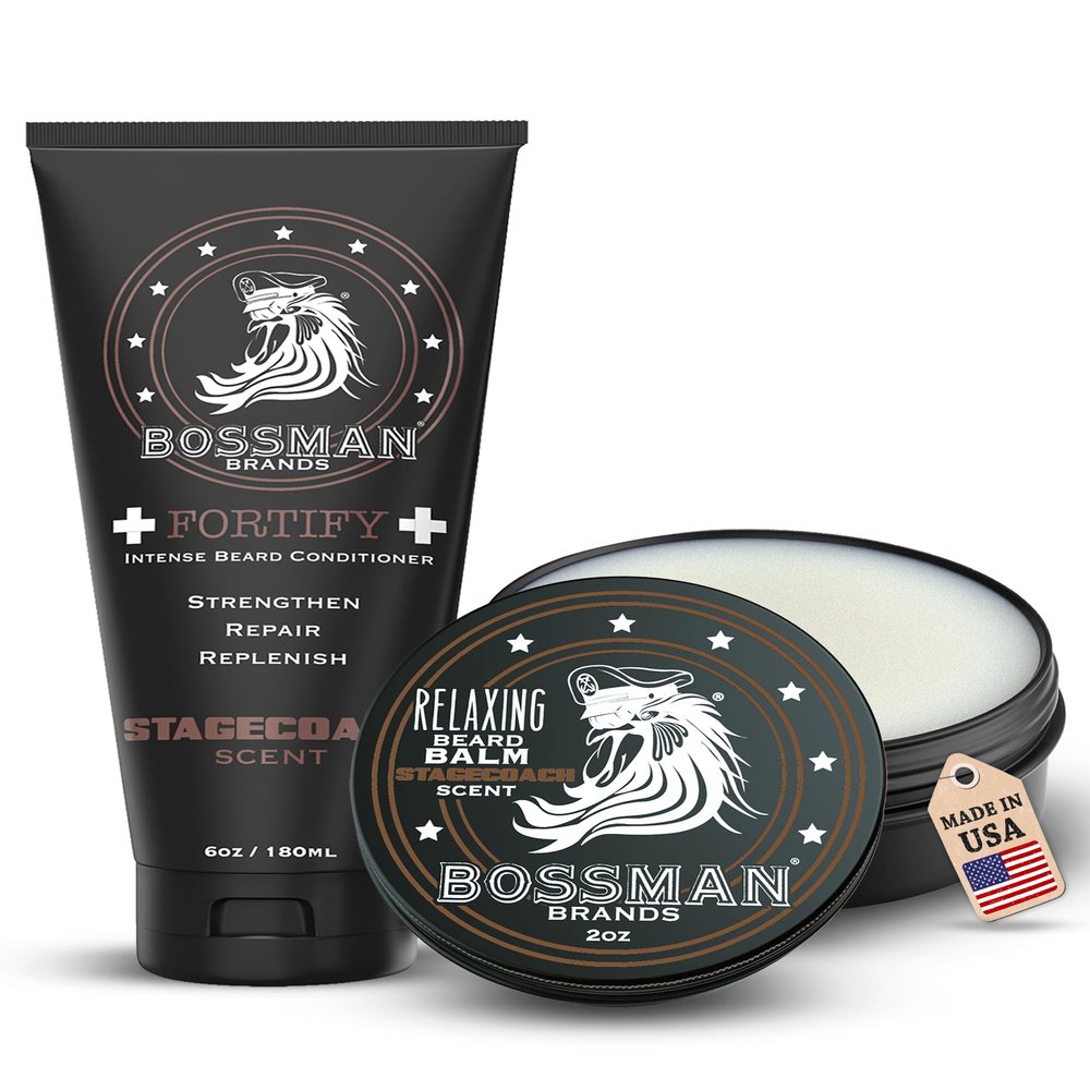 Bossman Fortify Beard Conditioner + Beard Balm for Men (8 oz in Total, Stagecoach Scent)  Moisturizing, Natural Conditioner with Taming and Softening Balm  Made in the USA