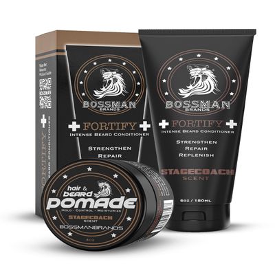 Bossman Fortify Beard Conditioner + Beard Pomade for Men (10 oz in Total, Stagecoach Scent) Moisturizing, Natural Conditioner with Medium Hold Pomade Made in the USA