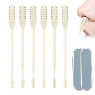 2-in-1 Nasal Hair Cutter, Double Sided Nose Hair Knife, Portable Nostril Hair Remover Tool, 360 Rotating Nose Hair Trimmer with Ear Picker for Women Men (Beige, 6 PCS)