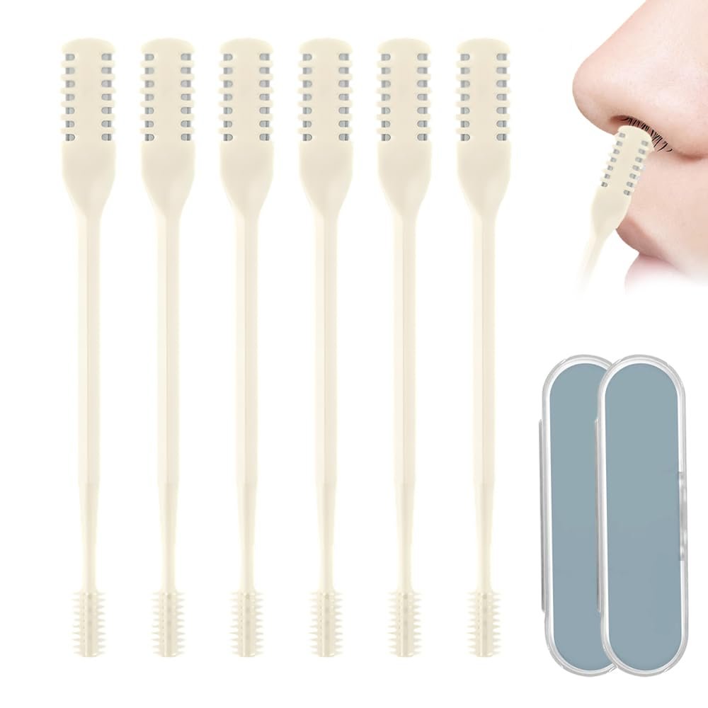 2-in-1 Nasal Hair Cutter, Double Sided Nose Hair Knife, Portable Nostril Hair Remover Tool, 360 Rotating Nose Hair Trimmer with Ear Picker for Women Men (Beige, 6 PCS)