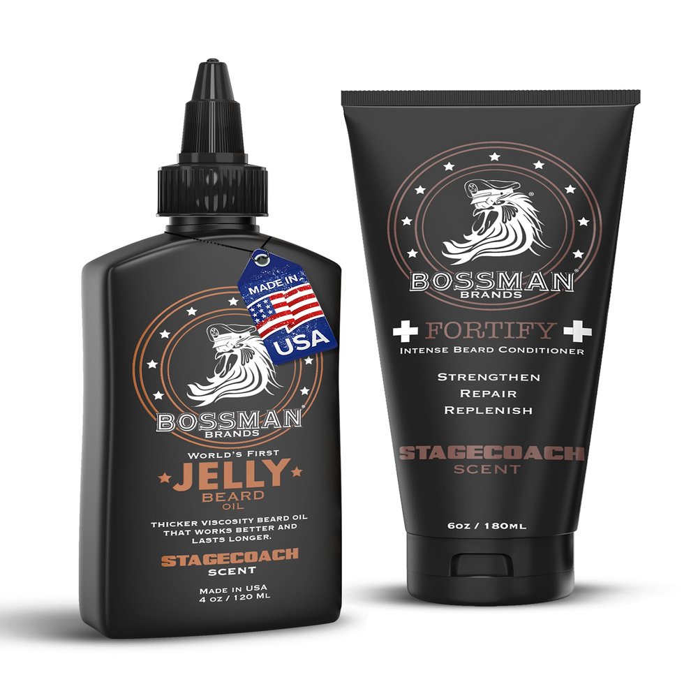 Bossman Fortify Beard Conditioner + Jelly Beard Oil for Men (10 oz in Total, Stagecoach Scent)  Moisturizing, Softening, Protecting, and Replenishing Grooming Solutions  Made in the USA