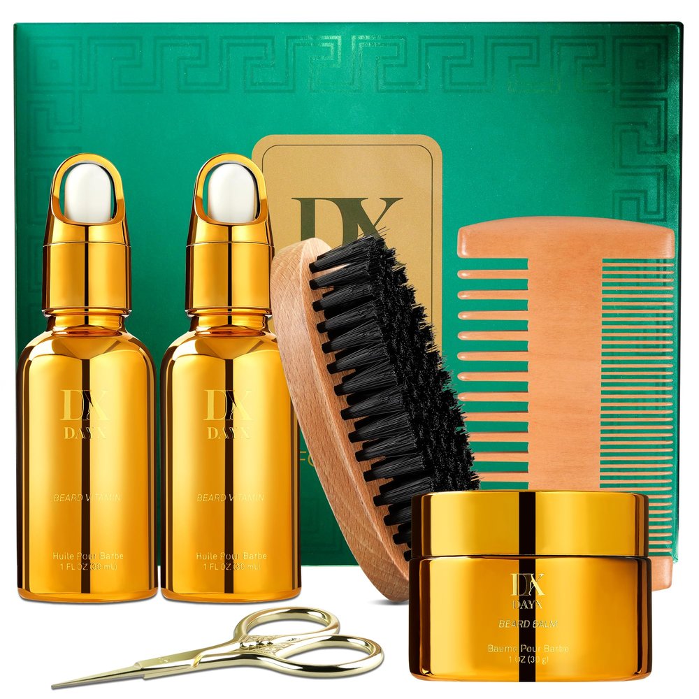 DayixCare Beard Grooming Kit for Black Men, Beard Care Kit for Black Men w/Oil, Balm, Brush, Comb and Scissors, Valentines Birthday Gifts for Dad Husband Boyfriend