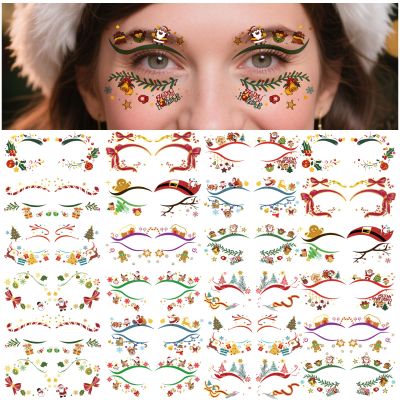 24 Pairs Christmas Eyeliner Temporary Tattoos for Adults and Kids, Glitter Eyes Tattoos for Christmas Makeup, Waterproof Golden Santa, Christmas trees, Holly, Snowman Face Tattoos for Christmas Gift