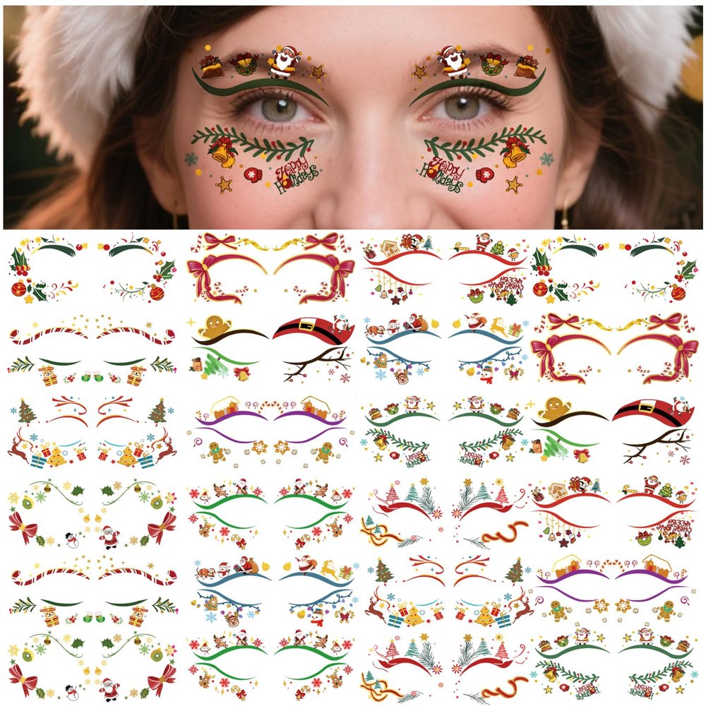24 Pairs Christmas Eyeliner Temporary Tattoos for Adults and Kids, Glitter Eyes Tattoos for Christmas Makeup, Waterproof Golden Santa, Christmas trees, Holly, Snowman Face Tattoos for Christmas Gift