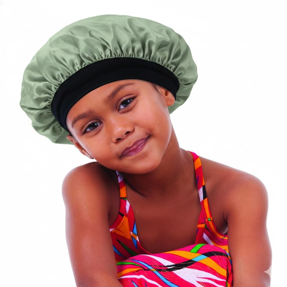 DONNA Comfort Fit Satin Bonnet for Kids  Reversible Silky Sleep Cap with Wide Band (US, Alpha, One Size, SAGE)