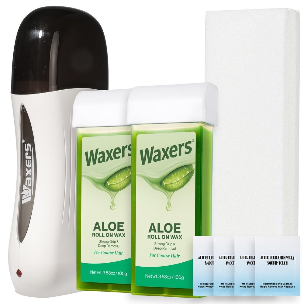 Waxers Roll on Wax Kit Aloe Vera Waxing Roller Depilatory for Women Men Soft Wax Hair Removal Kit for Larger Areas at Home