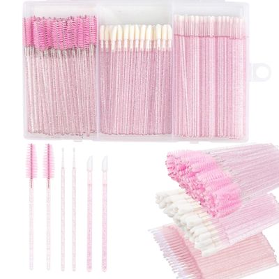 DONGYUNAI 200pcs Disposable Mascara Wands Lip Applicator Makeup Brush Sets, 50 Eyelash Brush 50 Lipstick Wands 100 Micro Brushes with Box for Eyebrow Extension Makeup Kits Pink