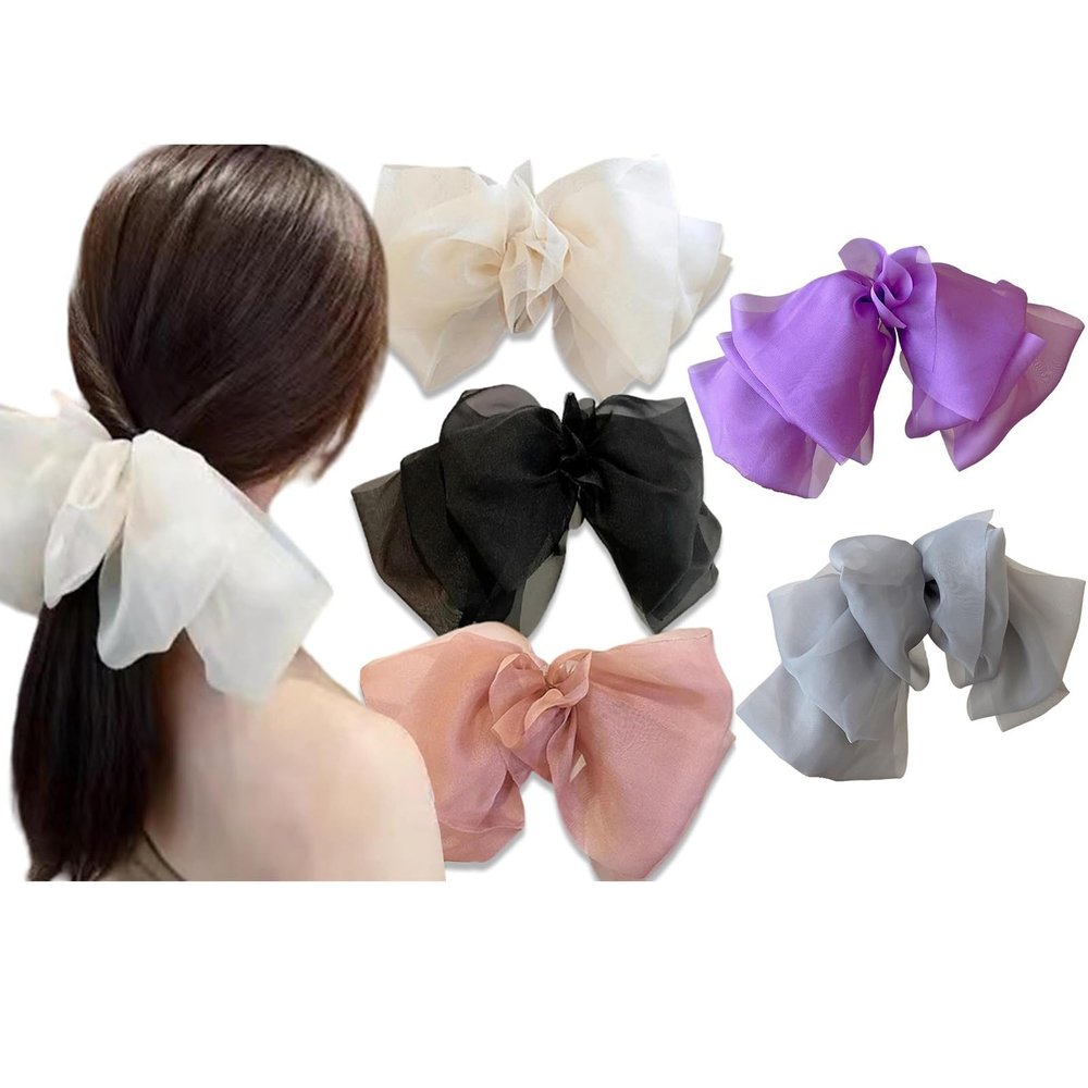 5Pcs Large Bow Bubble Clips,Large Claw Clips For Thick Hair,Chiffon Silk Flower Bow Hair Claw Jaw Clip, Thick Hairs Claw Clips For Fluffy Long Hairs(B)