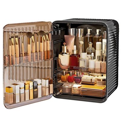 3 Tier Makeup Organizer with Brush Organizer, Transparent Skin Care Organizers with Magnetic Doors, Waterproof Dustproof Bathroom Makeup Organizer Cabinet, Lipstick Organizer(Black,Large)