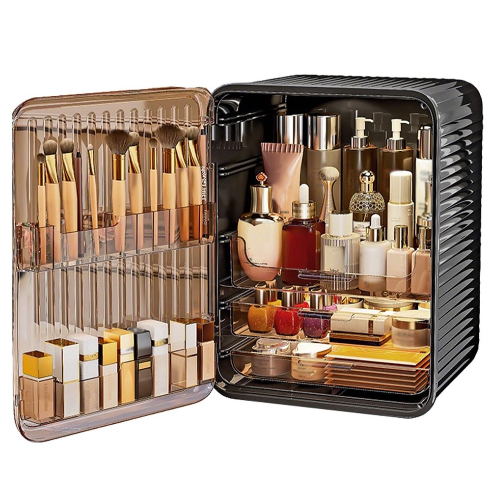 3 Tier Makeup Organizer with Brush Organizer, Transparent Skin Care Organizers with Magnetic Doors, Waterproof Dustproof Bathroom Makeup Organizer Cabinet, Lipstick Organizer(Black,Large)