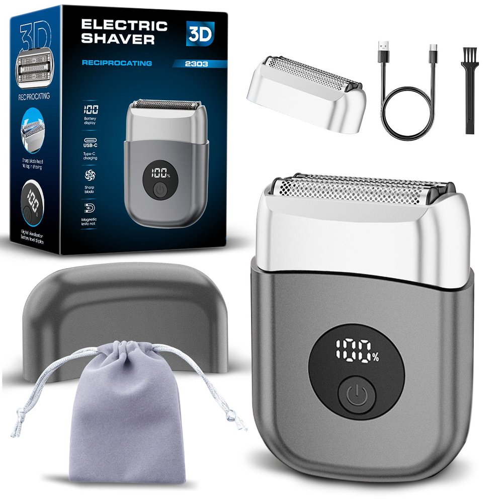 Electric Foil Shaver for Men Mini - Wet/Dry, IPX6 Waterproof, USB-C Fast Charge, Portable for Travel, Close Shave for Face & Beard, 3-Blade Foil Head, Extra 3-Blade Head, Travel Case(Soft Pouch)