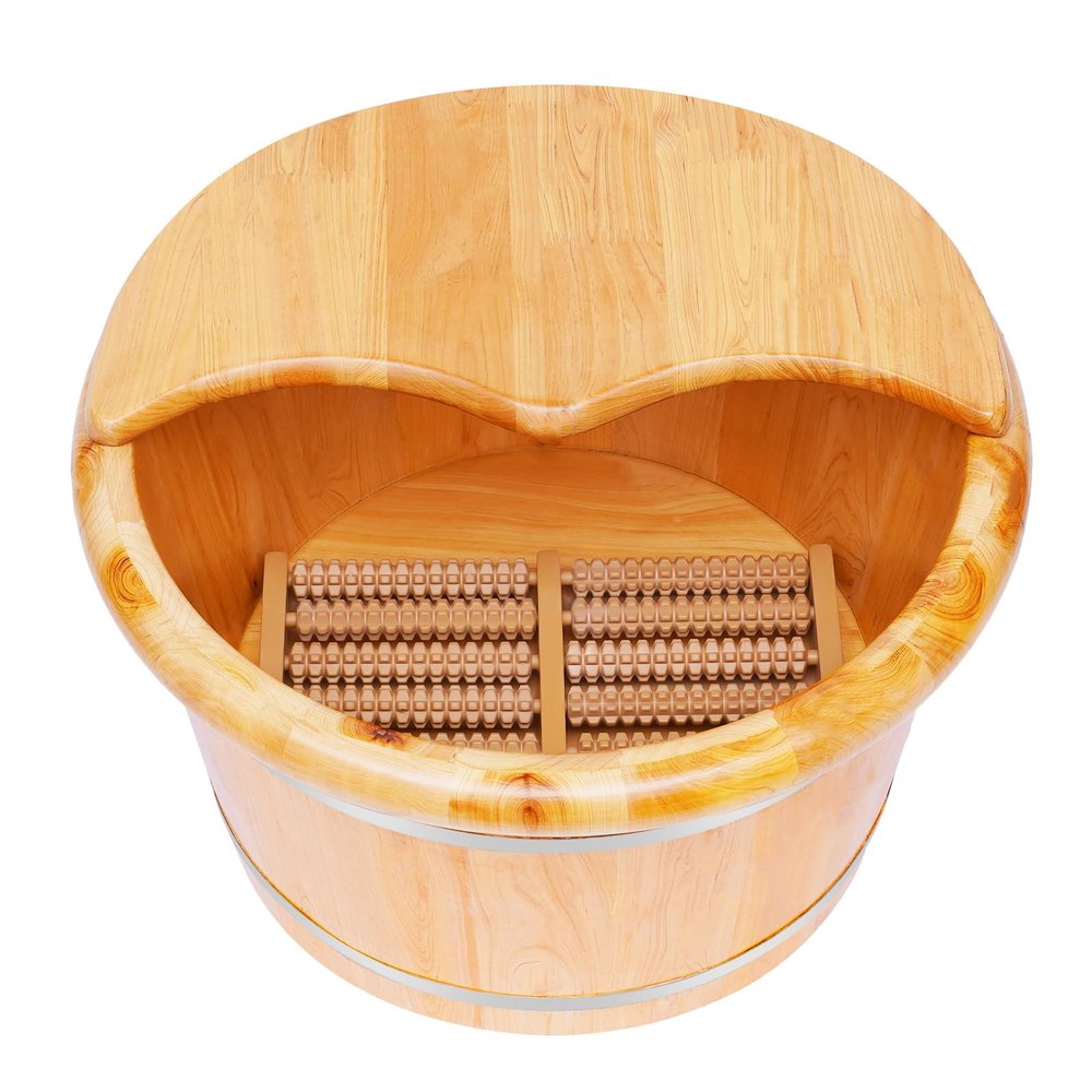 Cedar Wood Foot Bath Bucket with Massage Roller  Deep Soaking Tub for Home & Spa  Natural Heat Retention, Large 12.2" x 9.84" Size, Anti-Scratch Design  Ideal Gift for Relaxation