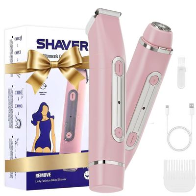 Bikini Trimmer for Women - 2 in 1 Dual Head Electric Razor, Painless Pubic & Body Hair Remover for Face, Legs, Underarms, IPX6 Waterproof, Cordless Rechargeable for Travel, Gift for Her (Pink)