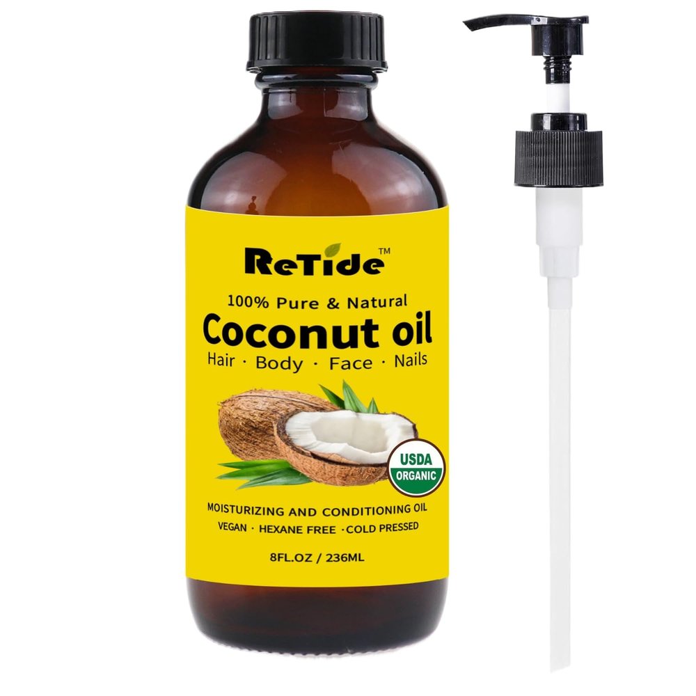 Organic Fractionated Coconut Oil, Cold Pressed Pure Liquid Carrier Oil with Pump, Hexane Free, Glass Bottle, 8 Fl Oz