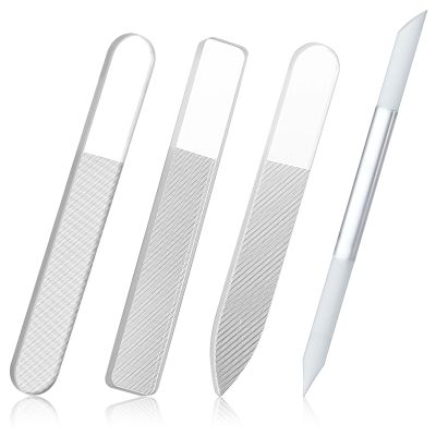 4PCS Glass Nail File Set, Women Crystal Fingernail Buffers Long Double Sided Glass Nail Buffer Professional Care Tools Kit for Pedicure Fingernails Toenail Manicure Buffer Cuticle Trimmer