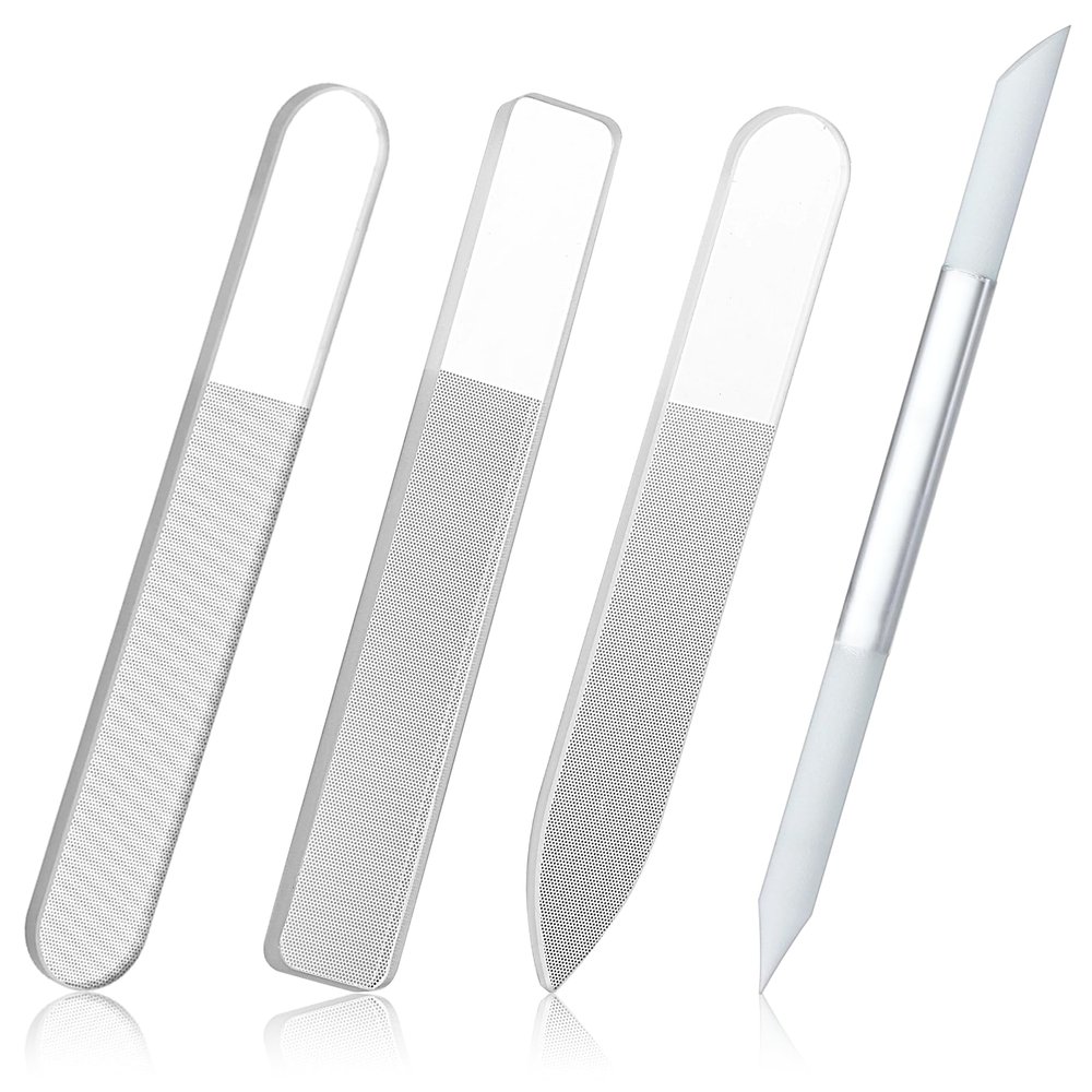 4PCS Glass Nail File Set, Women Crystal Fingernail Buffers Long Double Sided Glass Nail Buffer Professional Care Tools Kit for Pedicure Fingernails Toenail Manicure Buffer Cuticle Trimmer