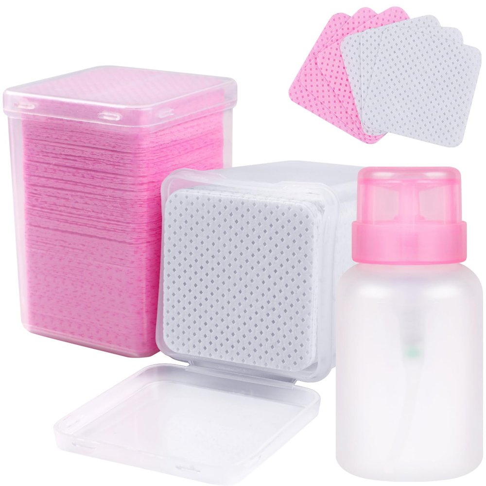 400pcs Nail Cotton Pads, 1 Pull-Off Pump-Style Bottle Suitable for Nail Care Wipes, Nail Cleaning Pads, Mascara Extension Glue Cleaning Wipes, and Nail Care Product Sets (Pink + White)