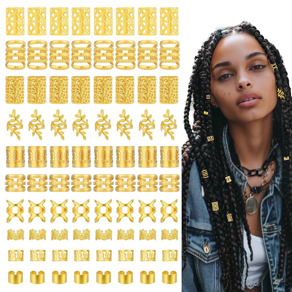 100pcs Gold Hair Cuffs Charms Rings for Braids, Gold Hair Jewelry Accessories Adjustable Loc Jewelry Dreadlocks Braid Clips Decorations for Black Women Men Festival Pirate