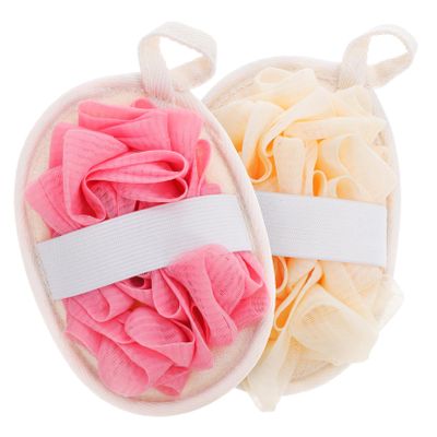 PACKOVE 2pcs Dual Sided Loofah Shower Scrubber with Handle Strap for Men and Women Gentle Exfoliating Bath Puff Pad with Soft Fibers for Skin Cleansing and in Beige and Pink