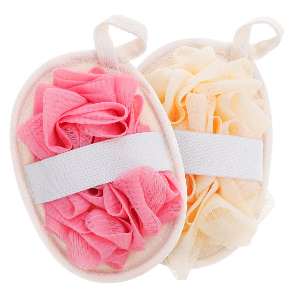 PACKOVE 2pcs Dual Sided Loofah Shower Scrubber with Handle Strap for Men and Women Gentle Exfoliating Bath Puff Pad with Soft Fibers for Skin Cleansing and in Beige and Pink