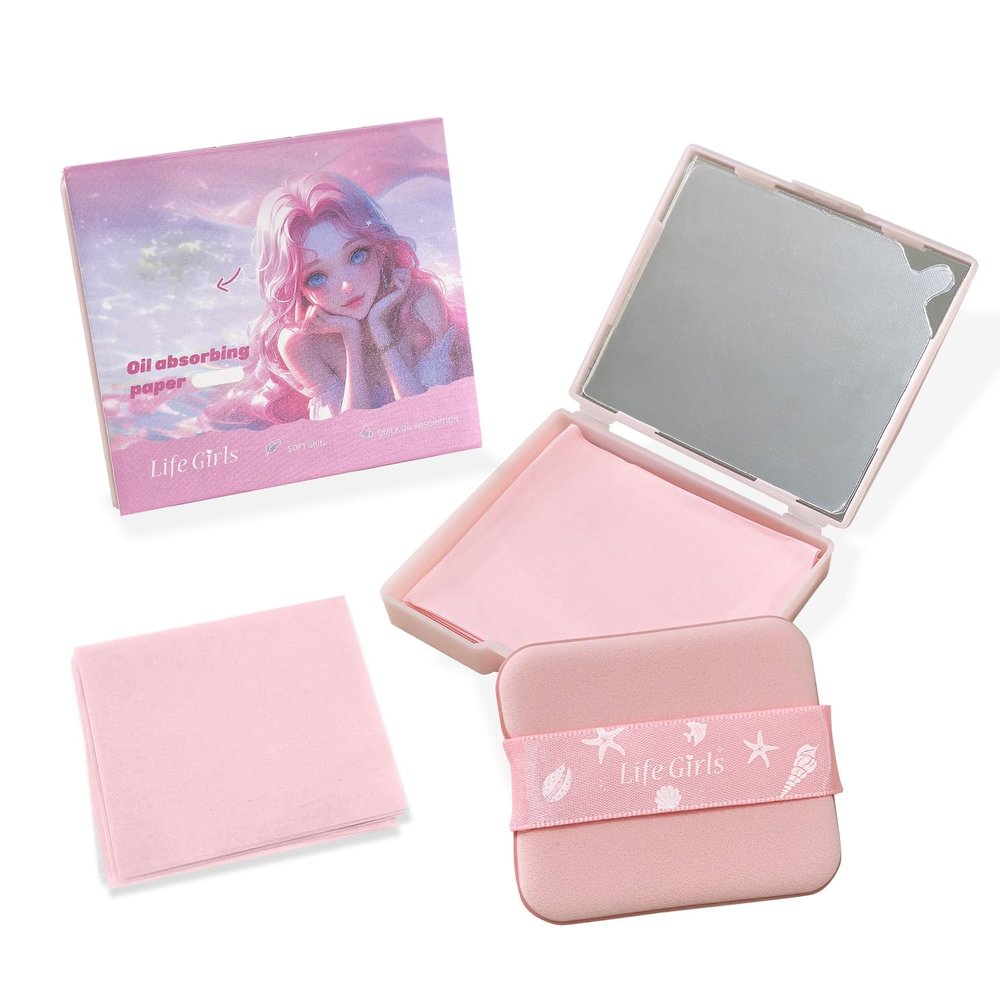 BOROLA 3-in-1 Ocean Fresh Oil Blotting Paper Set for Face 100 Sheets Absorbing Sheets with Portable Mirror & Adhesive Makeup Puff, Blotting Papers for Oily Skin, Design for Women(Light Cherry Pink)