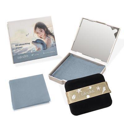 BOROLA 3-in-1 Ocean Fresh Oil Blotting Paper Set for Face 100 Sheets Absorbing Sheets with Portable Mirror & Adhesive Makeup Puff, Blotting Papers for Oily Skin, Design for Women(Foggy Reef Gray)