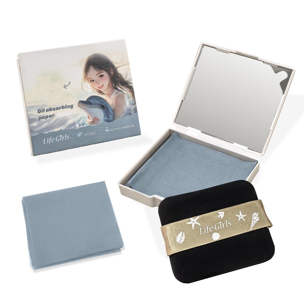 BOROLA 3-in-1 Ocean Fresh Oil Blotting Paper Set for Face 100 Sheets Absorbing Sheets with Portable Mirror & Adhesive Makeup Puff, Blotting Papers for Oily Skin, Design for Women(Foggy Reef Gray)