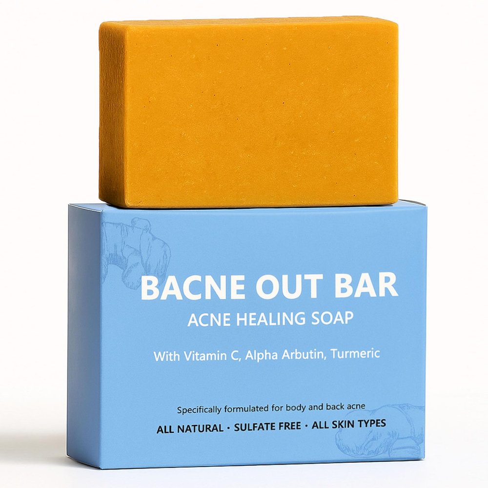 Bacne Out Bar, Acne Healing Soap with Turmeric Vitamin C & Alphaarbutin, Natural Exfoliating Cleanser for Back, Face, Chest, Shoulders (1)