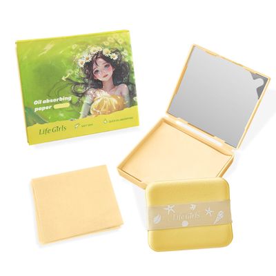 BOROLA 3-in-1 Ocean Fresh Oil Blotting Paper Set for Face 100 Sheets Absorbing Sheets with Portable Mirror & Adhesive Makeup Puff, Blotting Papers for Oily Skin, Design for Women(Shallow Yellow)