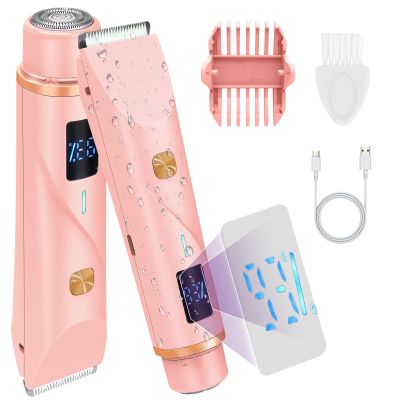 Bikini Trimmer for Women,Dual Head Electric Shaver with Hypoallergenic Ceramic Blades,Waterproof Bikini Razors with Cordless USB Rechargeable Led Display,for Armpit Leg Body Facial Wet & Dry Use,Pink