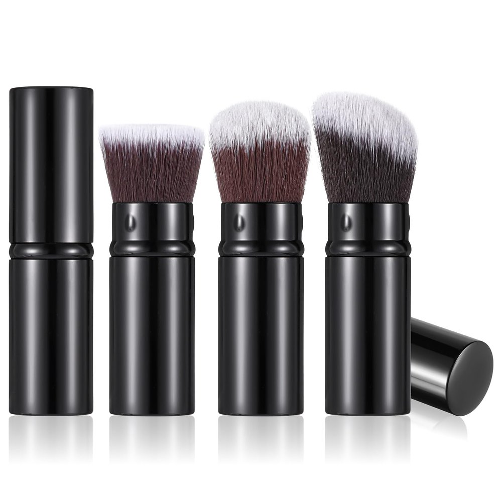 3Pack Retractable Kabuki Brush, Travel Powder Brush Foundation Retractable Face Blush Brushes for Blending Liquid Bronzer Buffing Flawless Cosmetics (Black)