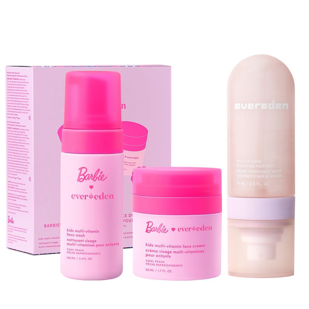 Evereden Happy Face DUO Barbie Edition & Multi-Vitamin Hydrating Mist Set: Multi-Vitamin Kids Face Wash & Cream, Preppy Skincare Spray, & Barbie Gift Bundle - Gentle, Clean, & Vegan