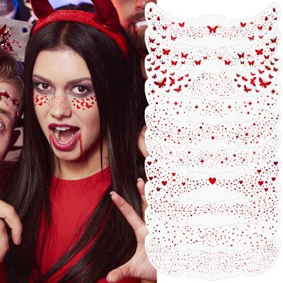 10PCS Halloween Glitter Freckles Face Tattoo, Sparkle Freckles for Women and Kids, Cute Star Waterproof Gold Temporary Face Tattoos Glitter Glow Up Patches (10PCS Red)