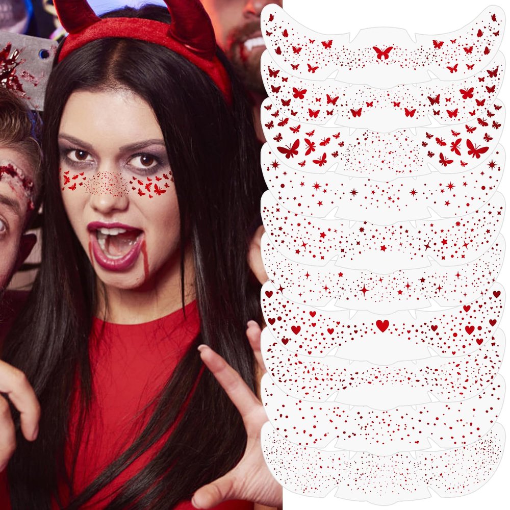 10PCS Halloween Glitter Freckles Face Tattoo, Sparkle Freckles for Women and Kids, Cute Star Waterproof Gold Temporary Face Tattoos Glitter Glow Up Patches (10PCS Red)