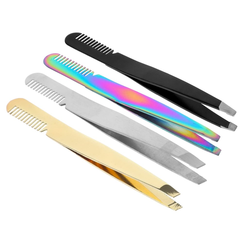 Baluue 4pcs Precision Stainless Steel Eyebrow Tweezers with Tips for Women Portable Lightweight Personal Grooming Tools in Rose Gold Titanium Coated Black Silver and