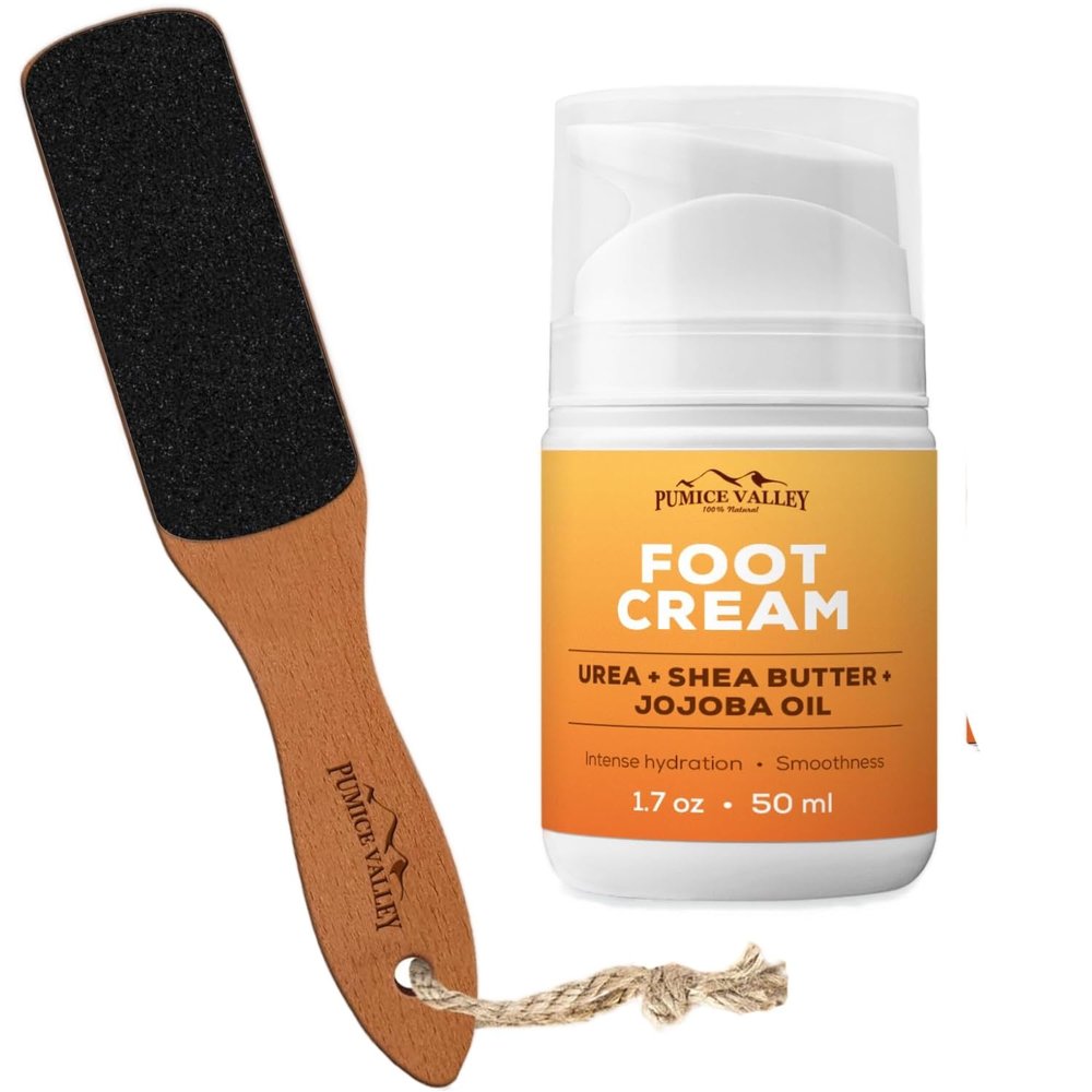 Pumice Valley Foot Cream for Dry Cracked Feet and Heels - Urea, Shea Butter, Jojoba Oil, Vitamin E 1.7 Oz - Foot File with Handle Pumice Stone for Dry Dead Skin - Callus Remover for Feet Double