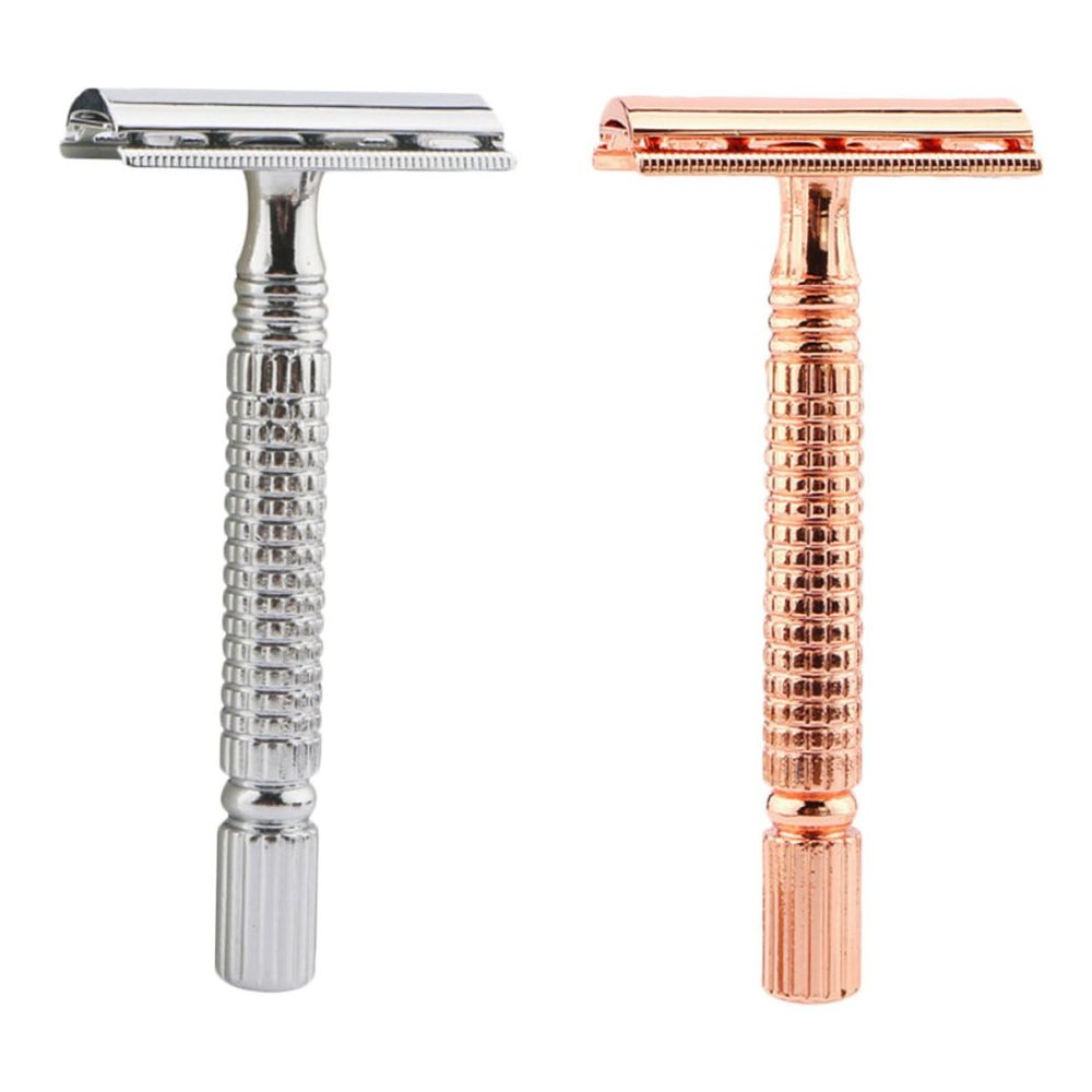 Gogogmee 2PCS Double Edged Manual Safety Razors for Men and Women Weighted Metal Beard Hair Shavers with Textured Grip Portable Traditional Shaving in Rose Gold and Silver