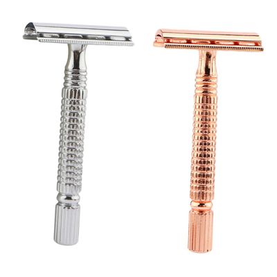 FRCOLOR 2PCS Manual Beard Razor Double Edge Metal Shaving Blades for Men and Gold Silver Close Clean Shave Washable and Resistant for Home and Travel