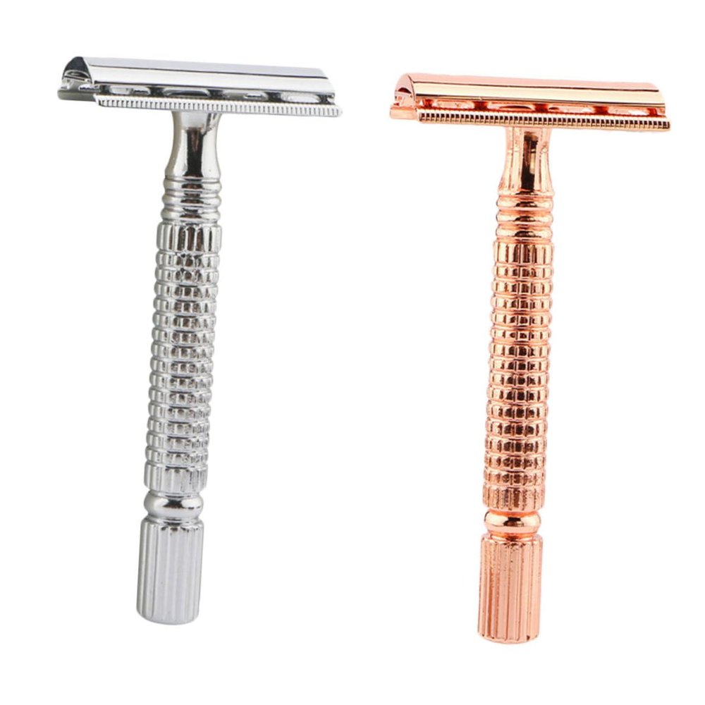 FRCOLOR 2PCS Manual Beard Razor Double Edge Metal Shaving Blades for Men and Gold Silver Close Clean Shave Washable and Resistant for Home and Travel